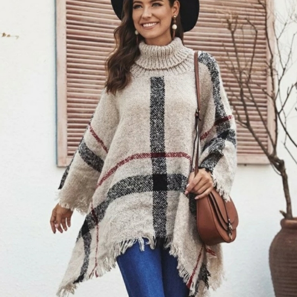 🌟🎉HOST PICK!🎉🌟Plaid Brit look Fringe Hem Cowl neck Poncho - Picture 7 of 8